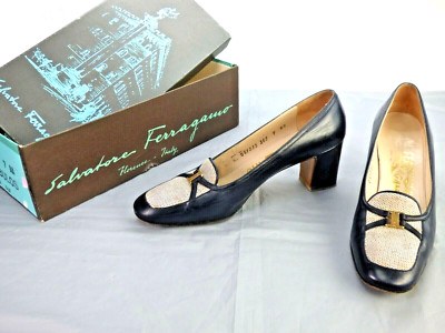 Salvatore Ferragamo Vintage Heels Pumps Navy Loafer Style Block UK 4,5 50s