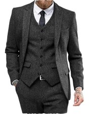 Mens 3 Piece Suit Groom Wedding Wool Blend Tweed Herringbone Suit 42 44 46 48 50