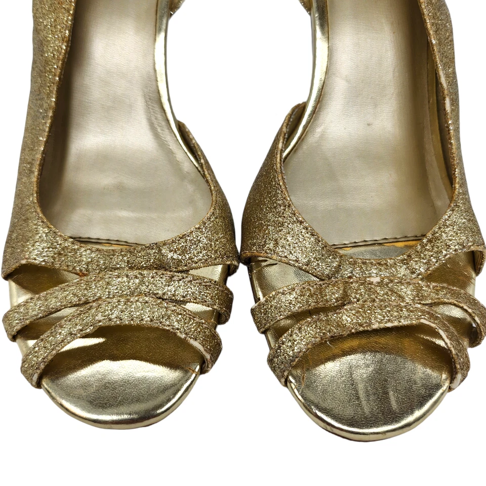 Tacones Charlotte Russe 6 dorados brillantes gatito graduación tiras noche Foto 4 de 4