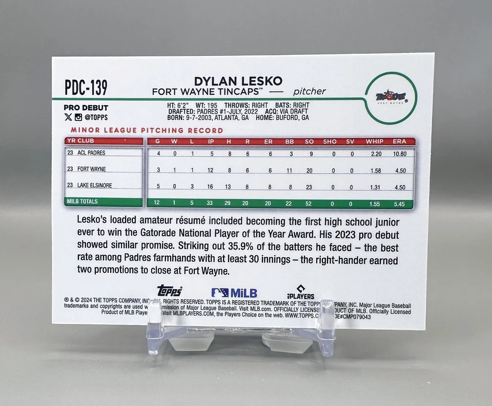 2024 Topps Pro Debut Chrome #PDC-139 (Gold Refractor) DYLAN LESKO  [46/50] - Image 2 of 2
