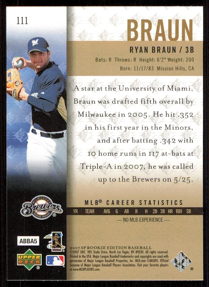 2007 SP Rookie Edition #111 Ryan Braun (RC) - Image 2 of 2