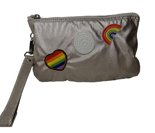 Kipling Rainbow Heart Embroidery Pink Metallic Wristlet Wallets