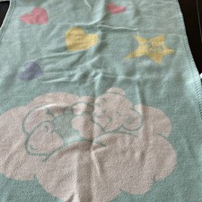 VINTAGE Cuddle Time Baby Blanket Bear Clouds Pink Green Blue Hearts Shaped RARE
