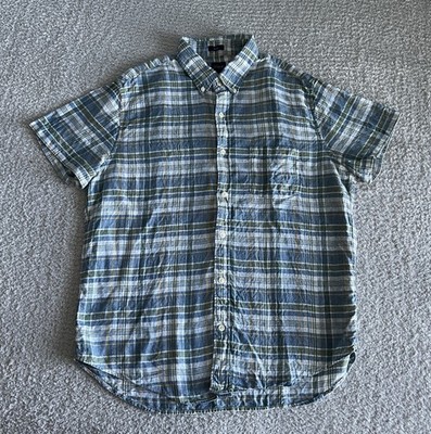 J Crew Button Down Shirt Men s Sz Large Blue Plaid Slim Linen Blend Pocket