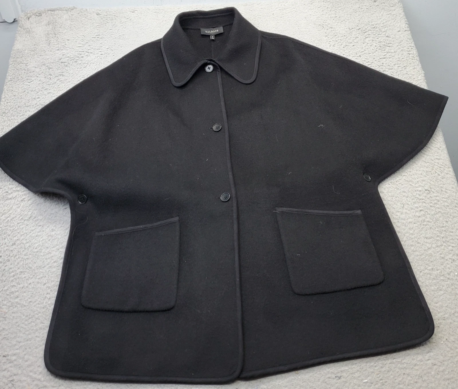 Talbots Poncho Jacket Womens Medium Black Lightweight Collared Button Front