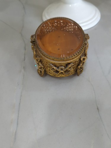 Ancienne boite à bijoux bibelot métal filigrane verre biseauté vanité vadrouille ambre française ? - Photo 7/12