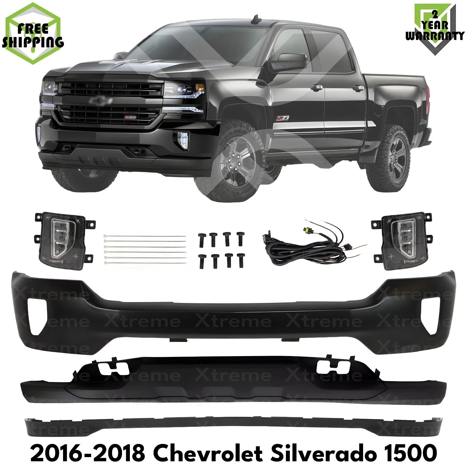 Front Bumper Primed & Fog Lights Kit For 2016-2018 Chevrolet Silverado 1500
