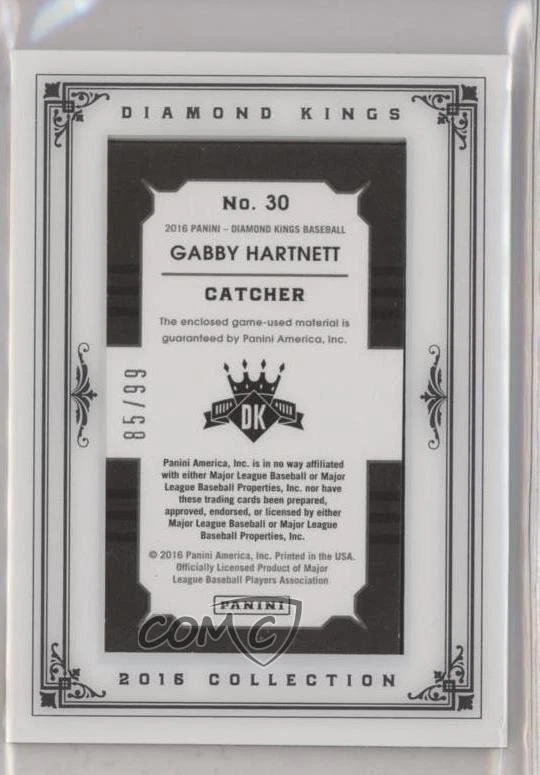 2016 Panini Diamond Kings Mini Framed Materials /99 Gabby Hartnett #30 HOF - Image 2 of 2