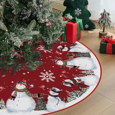 Snowman Christmas Tree Skirt 48 Inches Red Snowflake Tree Mat Holiday Decorat