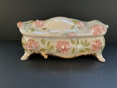 OLD Iridescent Footed Dresser Vanity Box With Pink Roses And Gilding 9inch