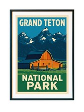 Grand Teton National Park Vintage Poster   Barn  Snowy Peaks Wall Art