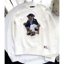 POLO RALPH LAUREN Men's White Seated Polo Bear Crewneck Knit Sweater NWT Medium