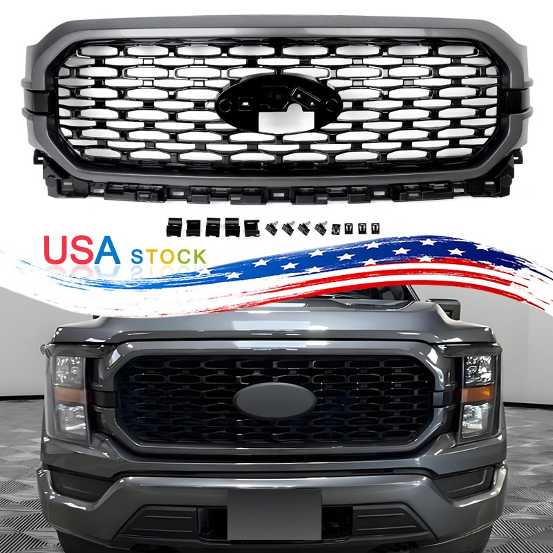 Front Upper Grille Grill  Mesh Carbonized Gray Surround Fit Ford F-150 2021-2023