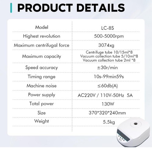 LAB FISH Lab Benchtop Centrifuge Machine 8 x 2ml/5ml/10ml/15ml Capacity - 第 4/11 張圖片