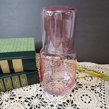 Hand Blown Pink Iridescent Glass Water Carafe Tumbler Bedside Set 2 pieces