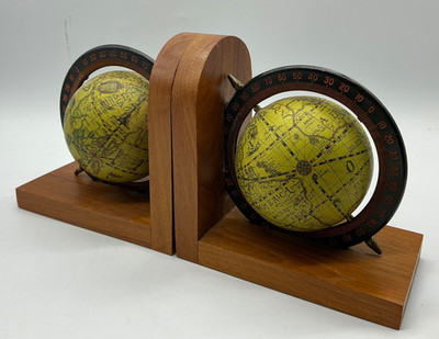 1980s pair bookends rotating old world globes Italian armillary sphere wood base