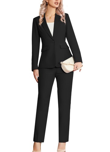Women's 2 Piece Suit Notched Lapel One Button Slim Fit Business Office Work T...