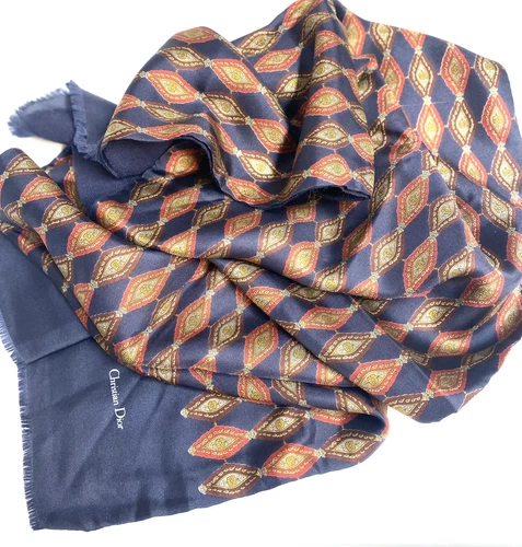 Foulard vintage, tons bleus, motif géométrique, soie, Christian Dior