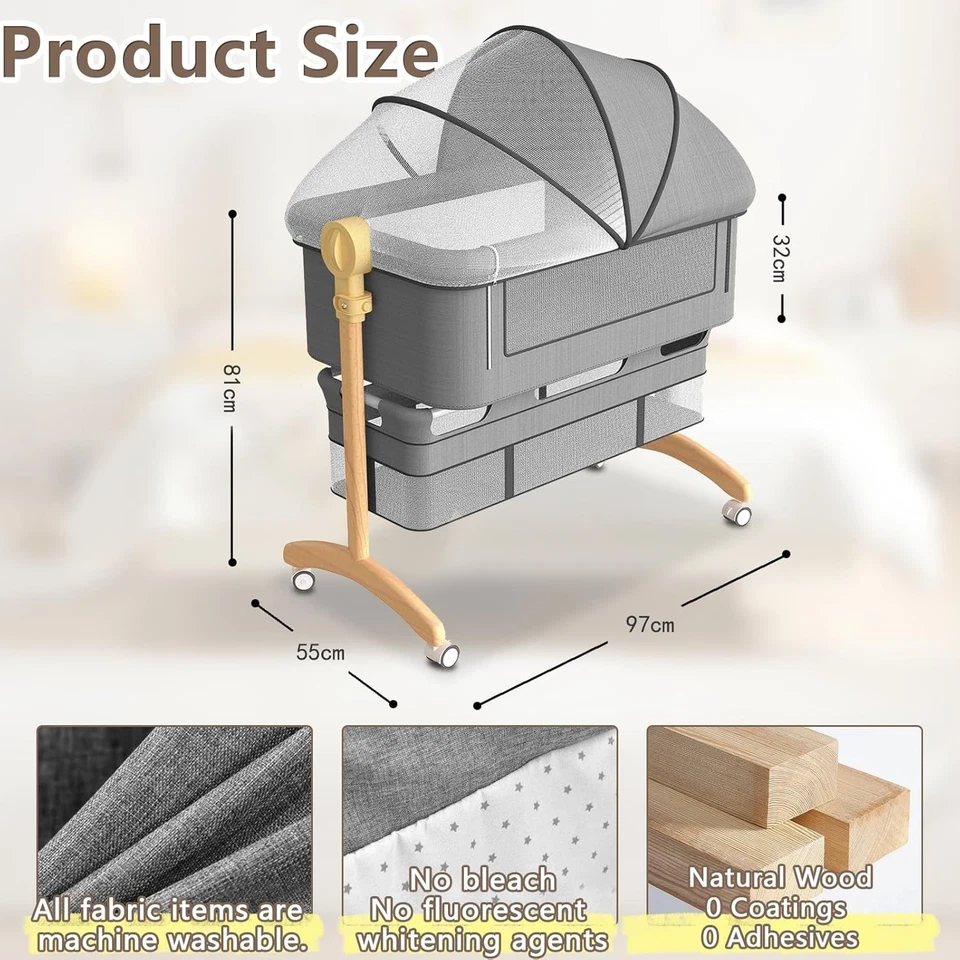 Bassinets Bedside Sleeper for Baby - Wooden Construction 3 in 1 Bedside Bassinet - image 2 of 4