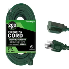 Green Outdoor Extension Cord 200 FT- 16/3 SJTW Weatherproof Extra Long Extens...