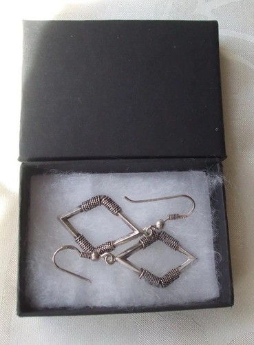 Vintage 925 silver genuine Art Deco diamond-shaped drop earrings - Picture 10 of 10