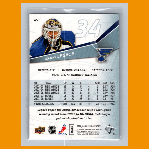 Manny Legace #45 2008 Upper Deck Ice St. Louis Blues Hockey Card NHL NM - Picture 2 of 3