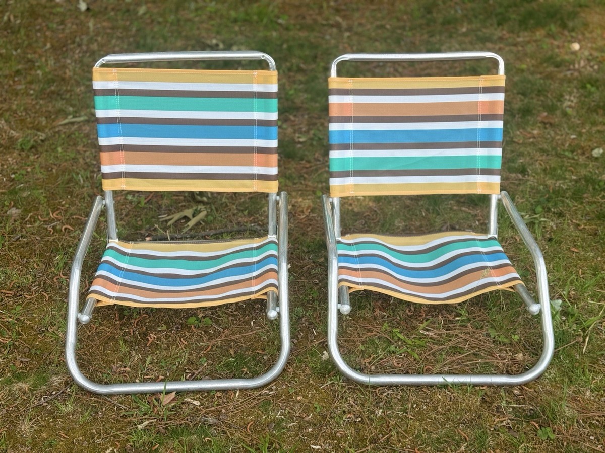 Vintage Low Beach Folding Chair Aluminum Cloth Fabric- Lot Of 2 | eBay