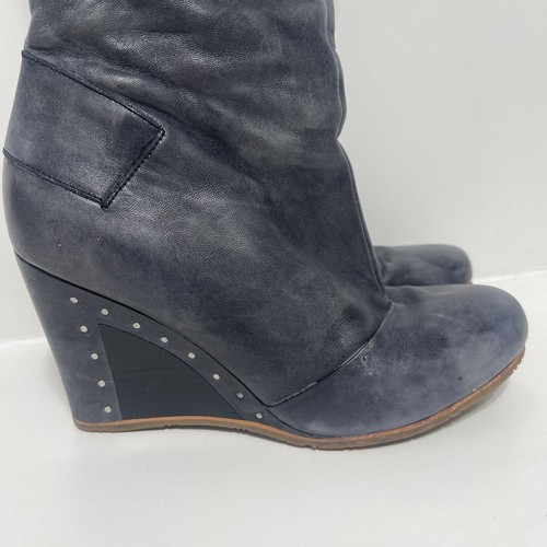 UGG Leather Kendrick Gray Black Distressed Studded Tall Zip Wedge Heel Boots 7.5 - Picture 2 of 10