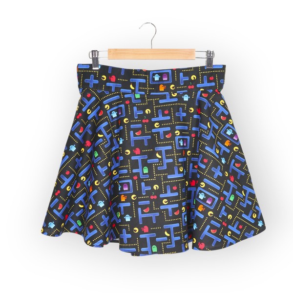 RETROLICIOUS Size M Pac Man Inspired Print Flared Swing Skirt Black & Blue