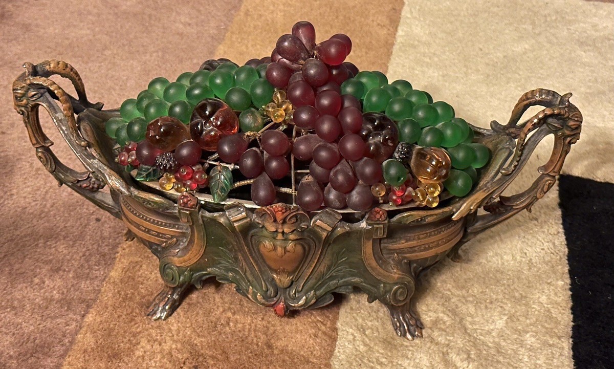 Antique Czech Art Deco Glass Beaded Fruit Basket Table Lamp Goat