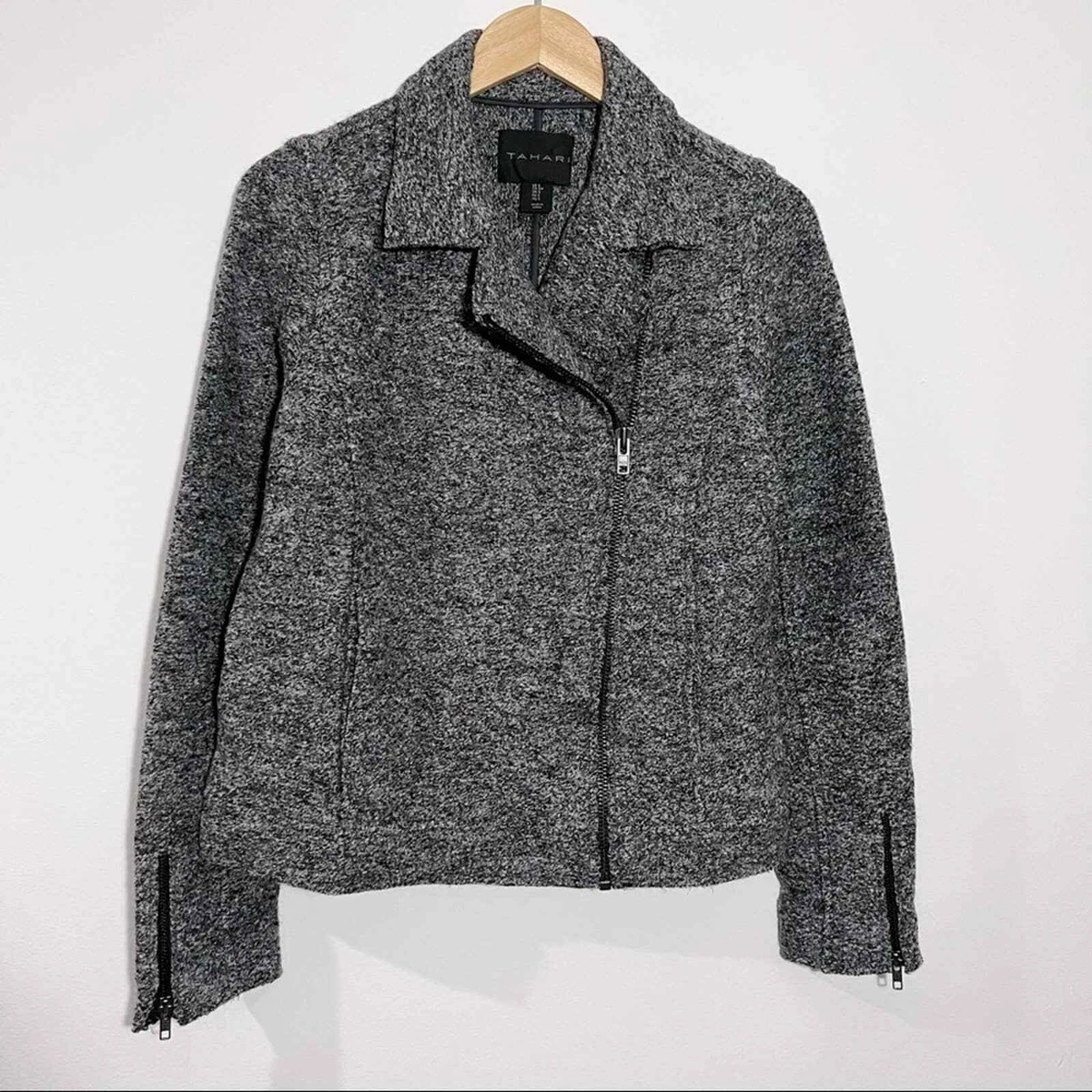 Tahari Gray Wool Blend Moto Jacket Size Small