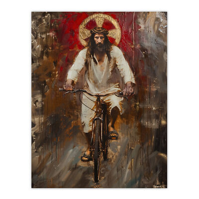 Christ on a Bike Funny Oil Painting Wall Art Poster Print