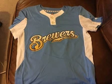 New Majestic Cool Base Brewers Small Youth Light Blue with White 2-Button Shirt