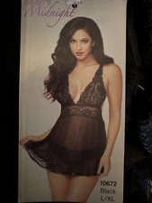 SEVEN TIL MIDNIGHT 10672 SEXY BLACK SHEER LACE LINGERIE WITH THONG Sz L/XL NWT