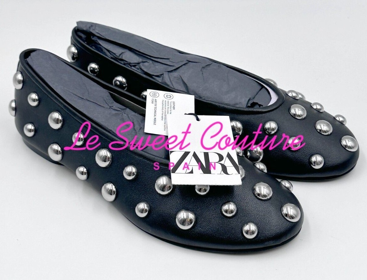 ZARA WOMAN NWT FW24 STUDDED LEATHER BALLET FLATS BLACK 1541/410