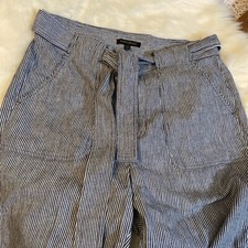 Banana Republic Avery Cropped Pants 12PLinen Blue White Striped Belted High Rise