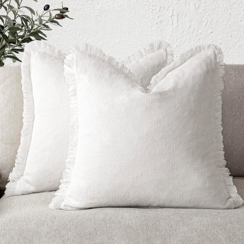 Set of 2 Decorative Linen Fringe Throw Pillow Covers Cozy Boho Farmhouse Cushion - Picture 9 of 12