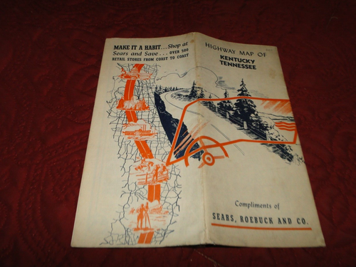 Vintage 1940 OF KENTUCKY & TENNESSEE Road Map – Sears Roebuck and Co. LOT E-27
