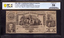 1861 20 Confederate States Of America Contemporary Ctft Ct-20 Pcgs Choice Au 58 1861 20 Confederate States Of America Contemporary Ctft Ct-20 Pcgs Choice Au 58