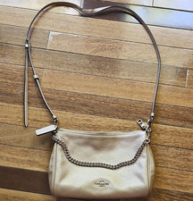 Coach Pebbled Zip Crossbody Bag Beige with Chain Logo Accents Adjustable Strap