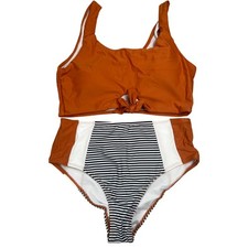 Shein Two Piece Bikini Set Orange Striped Bottoms Size Large L - EUC