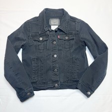 Levis Kids Black Denim Trucker Jacket Youth M Jean Grunge Retro Logo Stretch