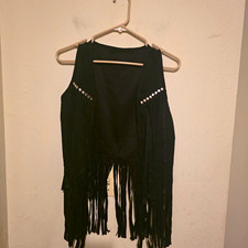 Women's Black Faux Suede Fringe Studded Open Front Sleeveless Vest Size M