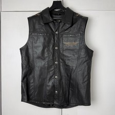 Harley Davidson Vest L Black Leather Snap Eagle Shield Back Collar Vest
