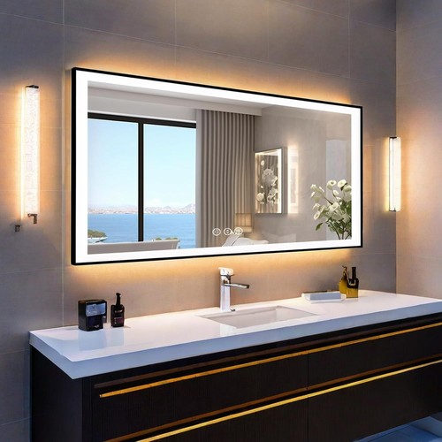 bebikim 60x36 inch LED Black Bathroom Vanity Mirror for Wall,Framed Illuminat...