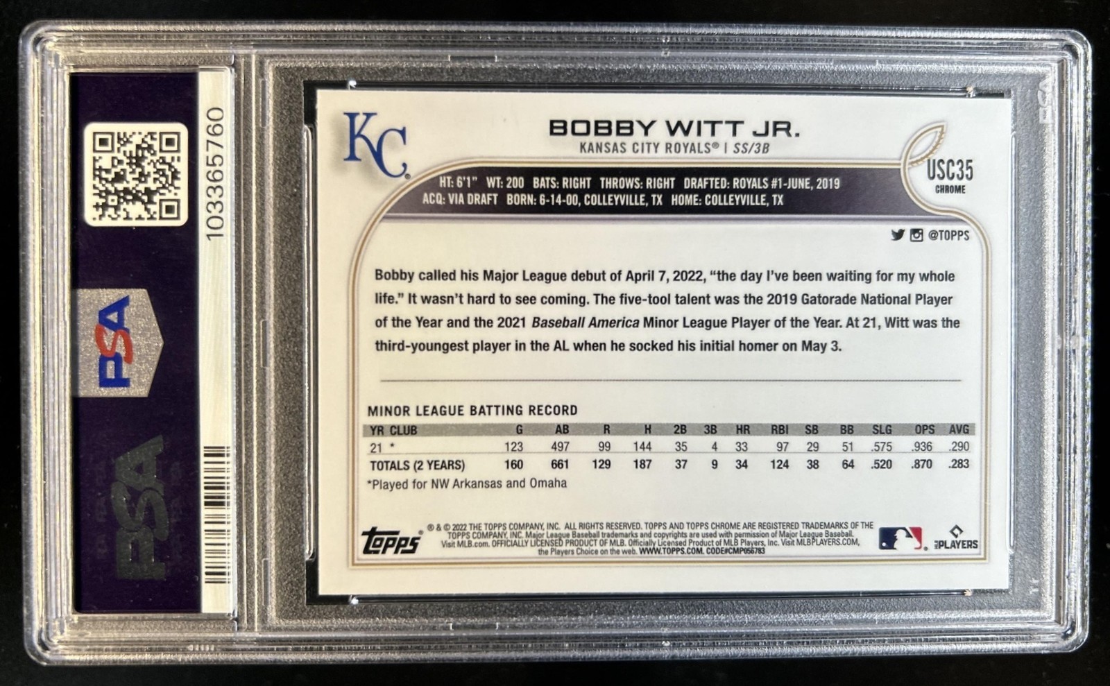 2022 Topps Chrome Update Bobby Witt Jr. RC Rookie #USC35 Royals PSA 10 GEM MINT view 2