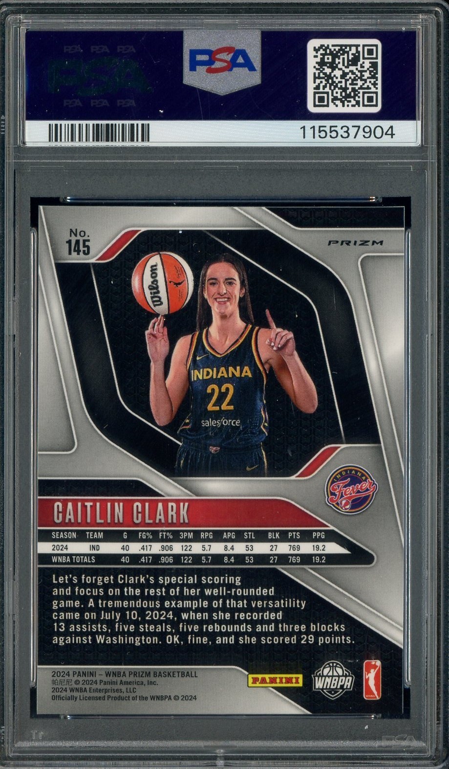 2024 Panini Prizm WNBA Ice #145 Caitlin Clark RC Rookie PSA 8 NM-MT view 2