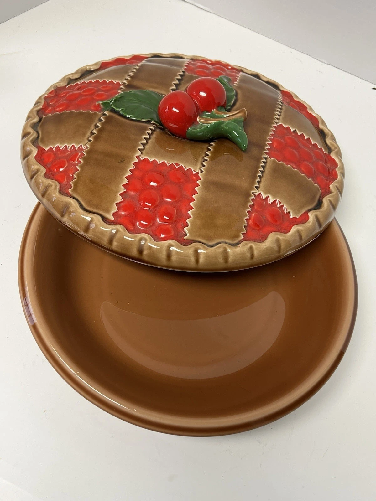 Vintage Fine Ceramic Cherry Pie Plate W/ Lid Made in Japan Venture
