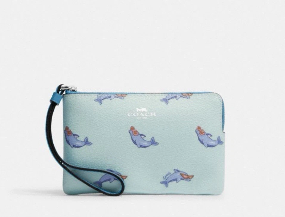 Borsa pochette Coach nuova con etichette con zip angolare da polso stampa delfino CJ568 spiaggia vacanze blu