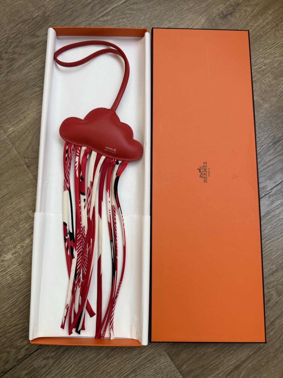 NEW HERMES Petit H Cloud Nauge Red White Leather Bag Charm With Silk image 2